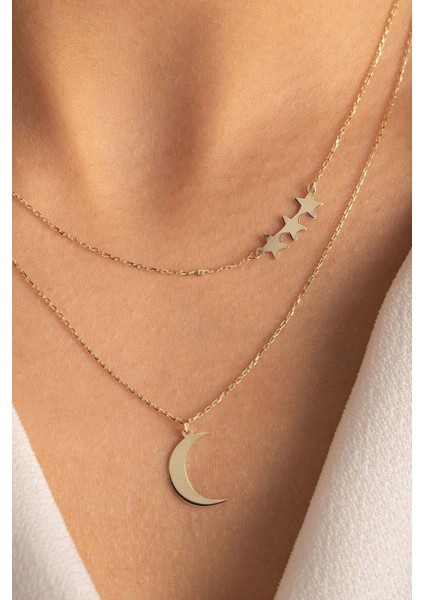 14 Ayar Altın Ay Yıldız Kolye Ikili