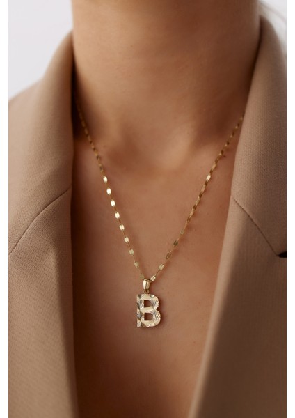 14 Ayar Altın Aynalı Zincir Kalemli Harf Kolye