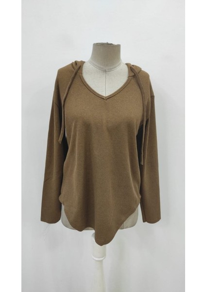 Kadın Uzun Kollu V Yakalı Kapşonlu Waffle Bluz indirimleri