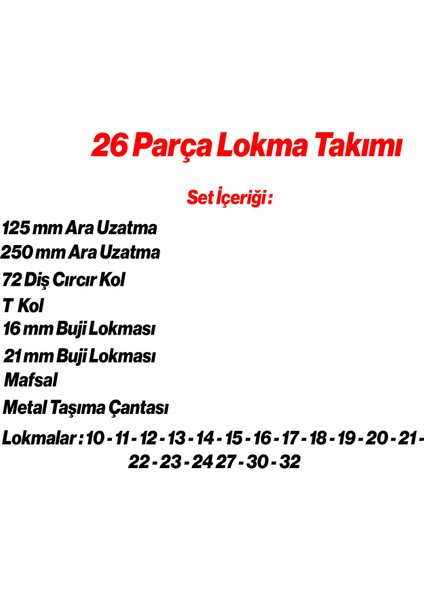 Lokma Seti 1/2" Cr-V Çelik 26 Parça Profesyonel Tamir Bakım Lokma Anahtar Ucu Çok Amaçlı Set fiyatları