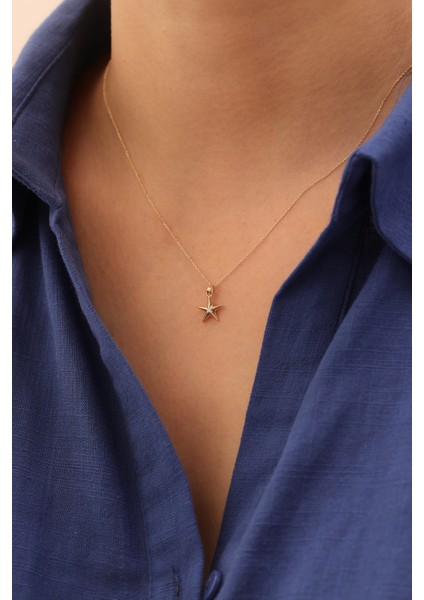 14 Ayar Altın Tektaş Yıldız Kolye modelleri