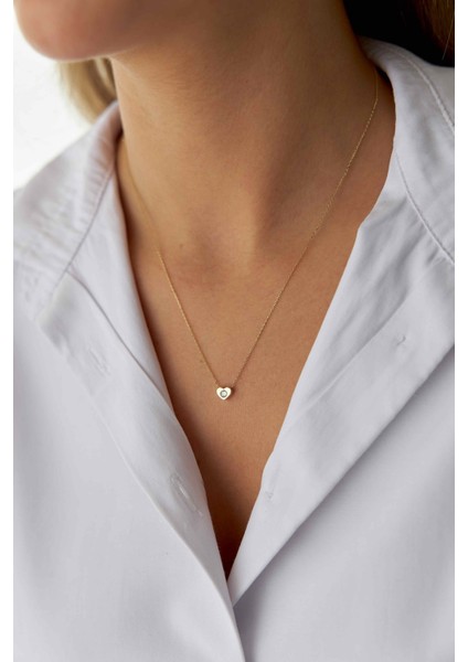 14 Ayar Altın Mini Tek Taşlı Kalp Kolye