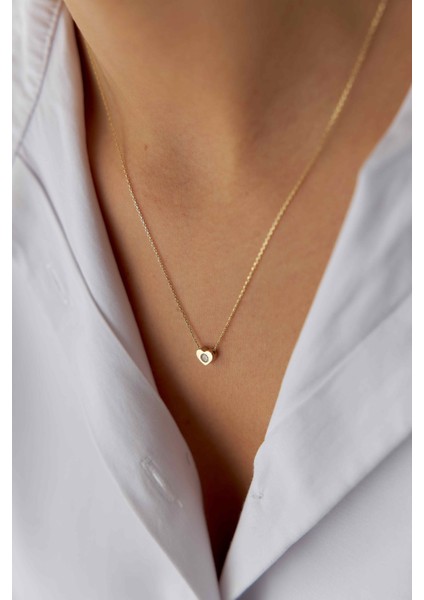 14 Ayar Altın Mini Tek Taşlı Kalp Kolye modelleri