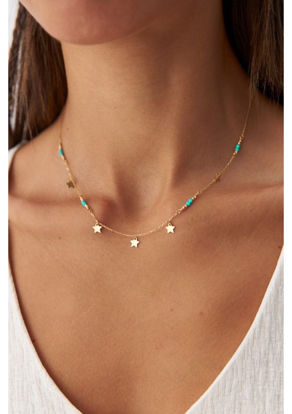 14 Ayar Altın Sıralı Mineli Yıldız Kolye