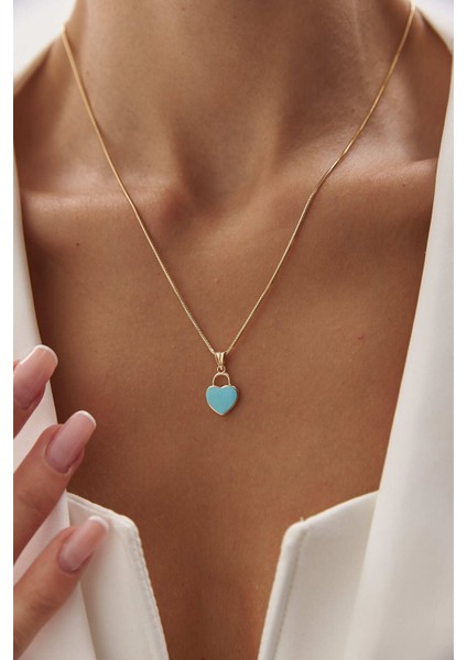 14 Ayar Altın Yuvarlak Balık Sırtı Mavi Kalp Kolye