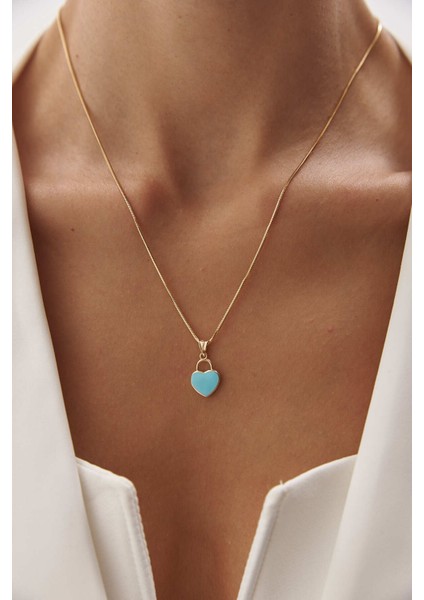 14 Ayar Altın Yuvarlak Balık Sırtı Mavi Kalp Kolye fiyatları