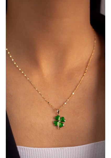Altın Italyan Aynalı Zincir Yeşil Yonca Kolye