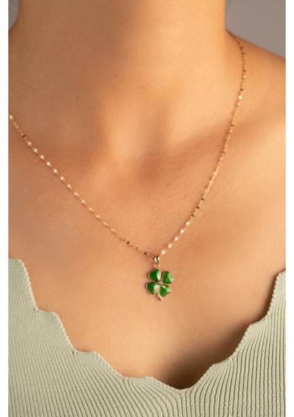 Altın Italyan Aynalı Zincir Yeşil Yonca Kolye fiyatları