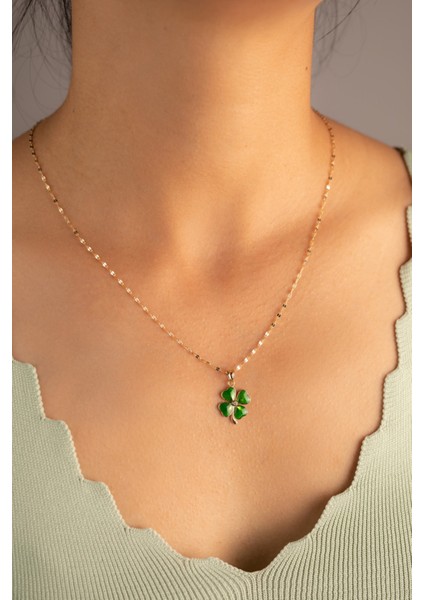 Altın Italyan Aynalı Zincir Yeşil Yonca Kolye modelleri