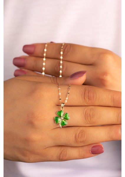 Altın Italyan Aynalı Zincir Yeşil Yonca Kolye fırsatları