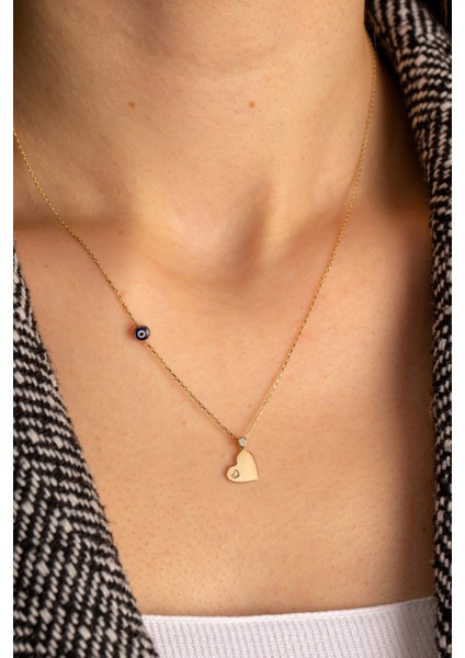 14 Ayar Altın Gözlü Kalp Kolye