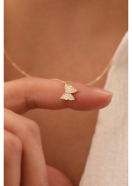 14 Ayar Altın Taşlı Kelebek Kolye