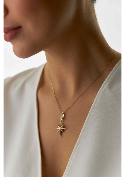 14 Ayar Altın Küp Zincir Kuzey Yıldızı Kolye