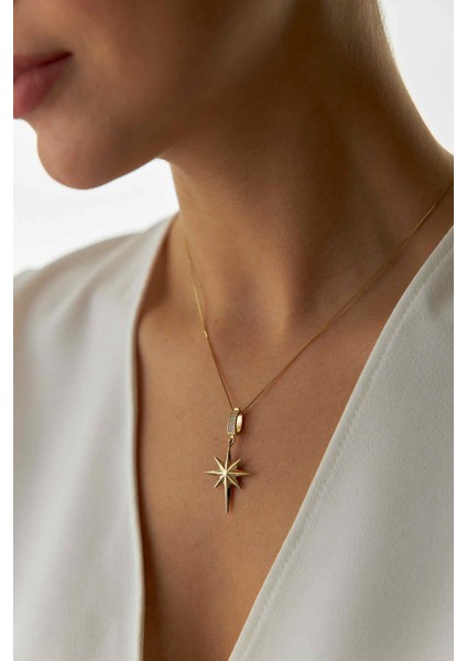 14 Ayar Altın Küp Zincir Kuzey Yıldızı Kolye modelleri