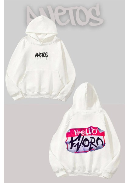 Hello Tzoro Sırt Baskılı Beyaz Kapüşonlu Sweatshirt