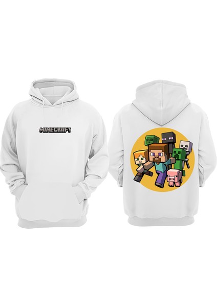 Minecraft Tasarım Sırt Baskılı Beyaz Sweatshirt