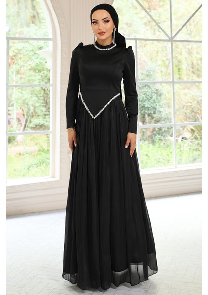 Taş Detaylı Eteği Piliseli Saten ve Yoryo Ipek Tesettür Abiye Elbise Siyah 1046