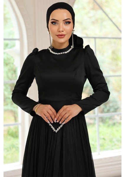 Taş Detaylı Eteği Piliseli Saten ve Yoryo Ipek Tesettür Abiye Elbise Siyah 1046 fiyatları