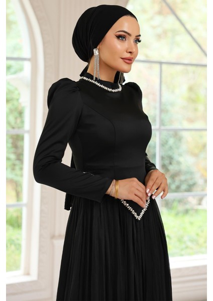 Taş Detaylı Eteği Piliseli Saten ve Yoryo Ipek Tesettür Abiye Elbise Siyah 1046 fırsatları