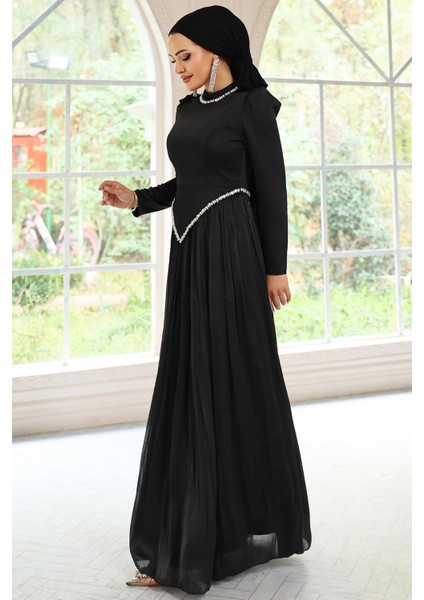 Taş Detaylı Eteği Piliseli Saten ve Yoryo Ipek Tesettür Abiye Elbise Siyah 1046 indirimleri