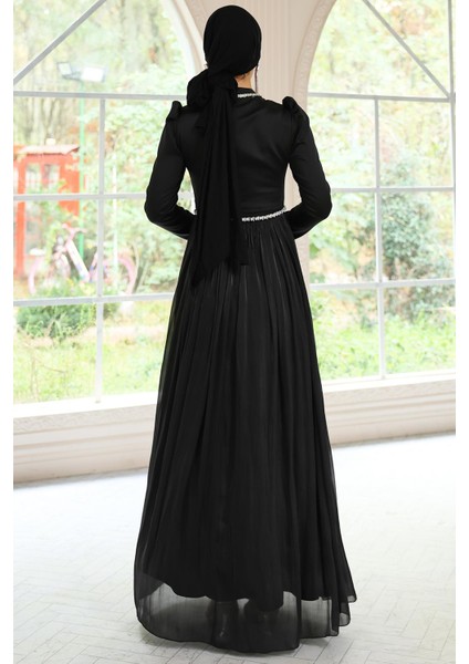 Taş Detaylı Eteği Piliseli Saten ve Yoryo Ipek Tesettür Abiye Elbise Siyah 1046