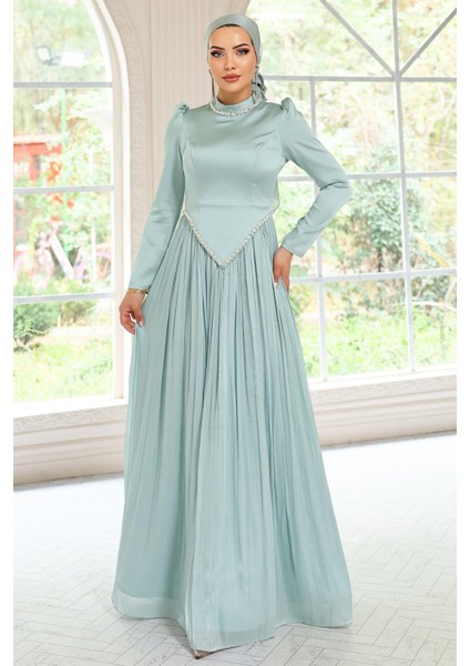 Taş Detaylı Eteği Piliseli Saten ve Yoryo Ipek Tesettür Abiye Elbise Mint 1046