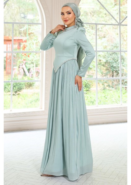 Taş Detaylı Eteği Piliseli Saten ve Yoryo Ipek Tesettür Abiye Elbise Mint 1046 fiyatları