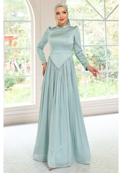 Taş Detaylı Eteği Piliseli Saten ve Yoryo Ipek Tesettür Abiye Elbise Mint 1046 fırsatları