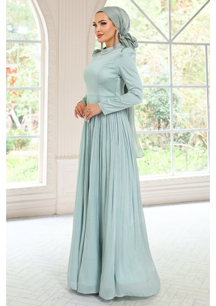 Taş Detaylı Eteği Piliseli Saten ve Yoryo Ipek Tesettür Abiye Elbise Mint 1046 indirimleri