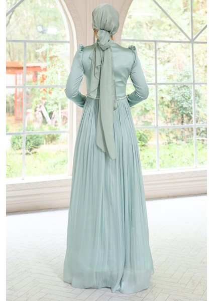 Taş Detaylı Eteği Piliseli Saten ve Yoryo Ipek Tesettür Abiye Elbise Mint 1046