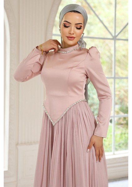 Taş Detaylı Eteği Piliseli Saten ve Yoryo Ipek Tesettür Abiye Elbise Pudra 1046 fiyatları