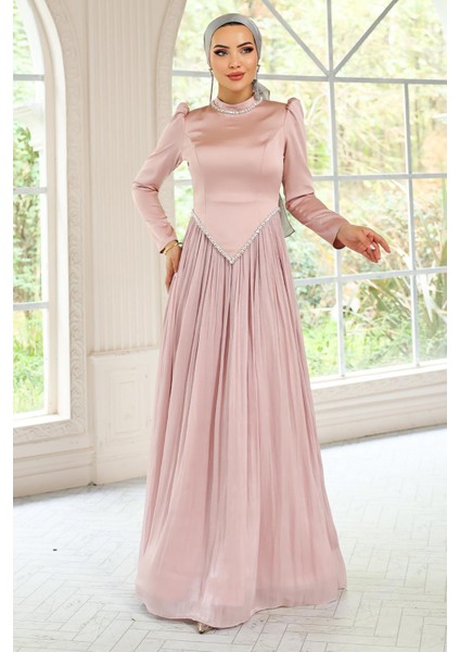Taş Detaylı Eteği Piliseli Saten ve Yoryo Ipek Tesettür Abiye Elbise Pudra 1046 modelleri