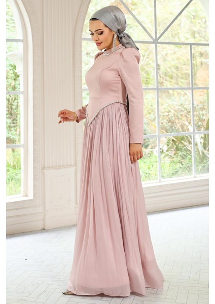 Taş Detaylı Eteği Piliseli Saten ve Yoryo Ipek Tesettür Abiye Elbise Pudra 1046 indirimleri