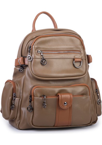 Kadın Çok Gözlü Büyük Boy Sırt Çantası Vizon Taba