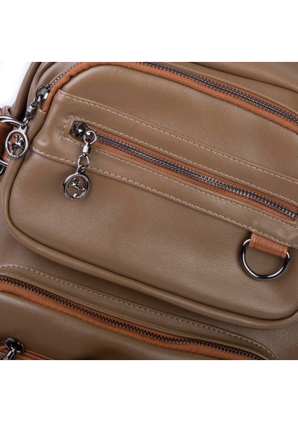 Kadın Çok Gözlü Büyük Boy Sırt Çantası Vizon Taba fiyatları