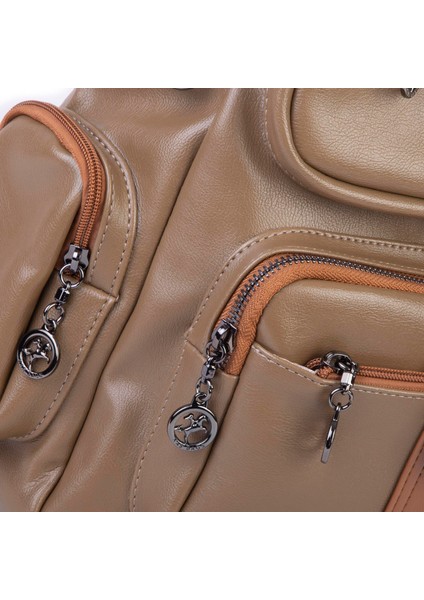 Kadın Çok Gözlü Büyük Boy Sırt Çantası Vizon Taba modelleri