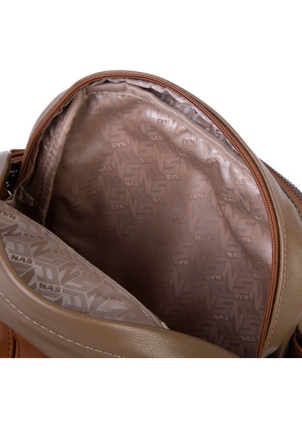 Kadın Çok Gözlü Büyük Boy Sırt Çantası Vizon Taba