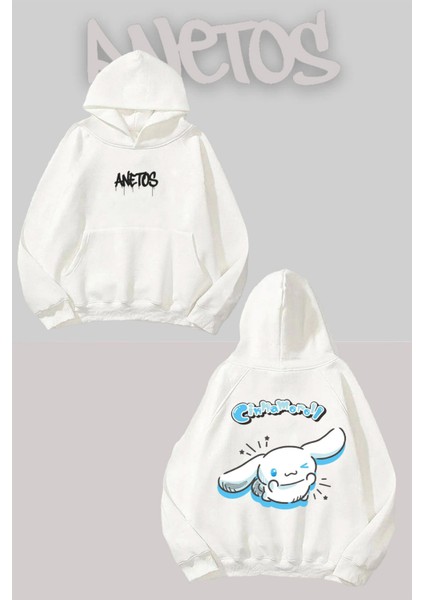 Cinnamorol 3 Sırt Baskılı Beyaz Kapüşonlu Sweatshirt