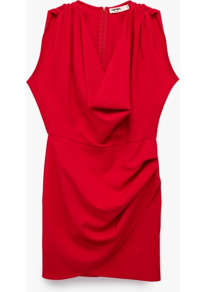 Degaje Yaka Kolsuz Drapeli Mini Elbise