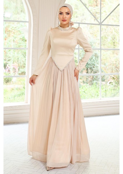 Taş Detaylı Eteği Piliseli Saten ve Yoryo Ipek Tesettür Abiye Elbise Krem 1046