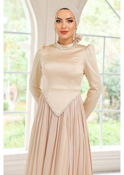 Taş Detaylı Eteği Piliseli Saten ve Yoryo Ipek Tesettür Abiye Elbise Krem 1046 fiyatları