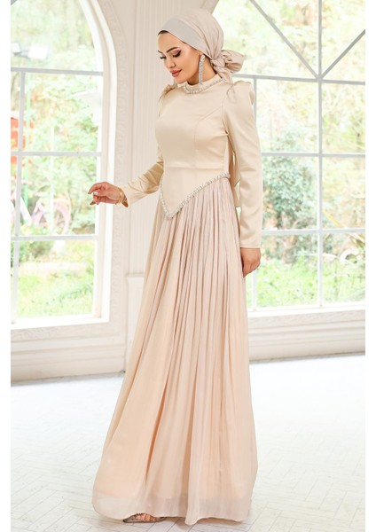 Taş Detaylı Eteği Piliseli Saten ve Yoryo Ipek Tesettür Abiye Elbise Krem 1046 indirimleri