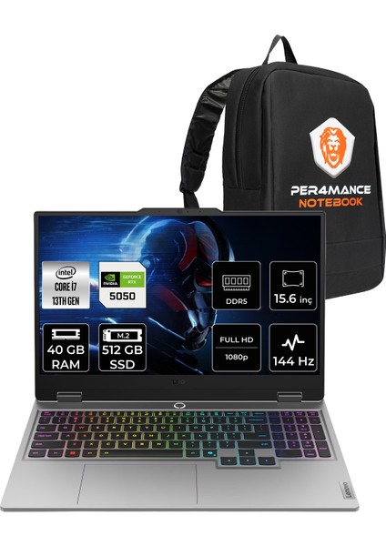 Loq Intel Core I7 13700HX 40GB 512GB SSD RTX5050/8GB 100W 15.6" Fhd 144Hz Fdos Taşınabilir Bilgisayar & Per4 Çanta 83JE00KKTRP322