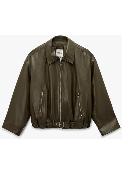 Cepli Fermuarlı Uzun Kollu Oversize Suni Deri Ceket