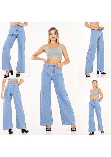 Kadın Yüksek Bel Geniş Paça Yüksek Bel Denim Kot Pantolon fırsatları