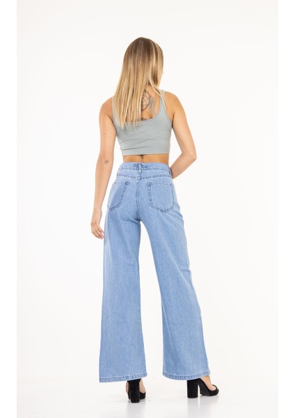 Kadın Yüksek Bel Geniş Paça Yüksek Bel Denim Kot Pantolon indirimleri