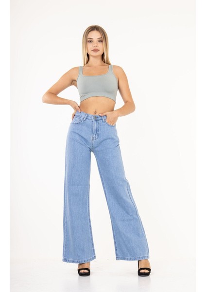 Kadın Yüksek Bel Geniş Paça Yüksek Bel Denim Kot Pantolon