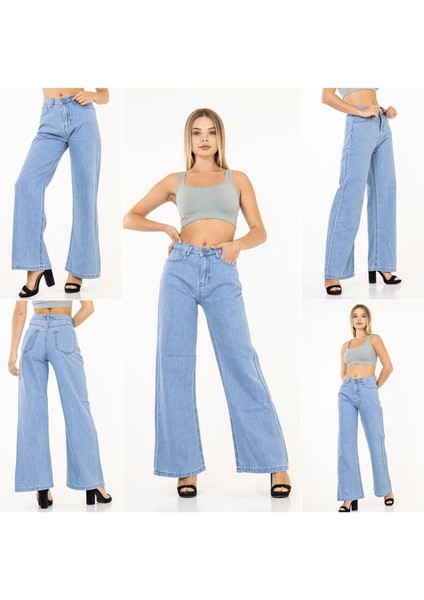 Kadın Yüksek Bel Geniş Paça Yüksek Bel Denim Kot Pantolon