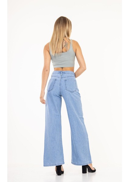 Kadın Yüksek Bel Geniş Paça Yüksek Bel Denim Kot Pantolon
