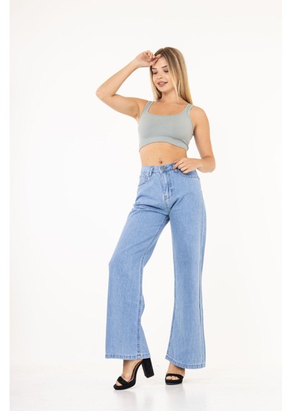Kadın Yüksek Bel Geniş Paça Yüksek Bel Denim Kot Pantolon